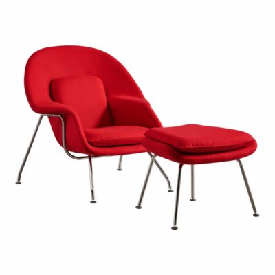 Here are a red womb chair and ottoman